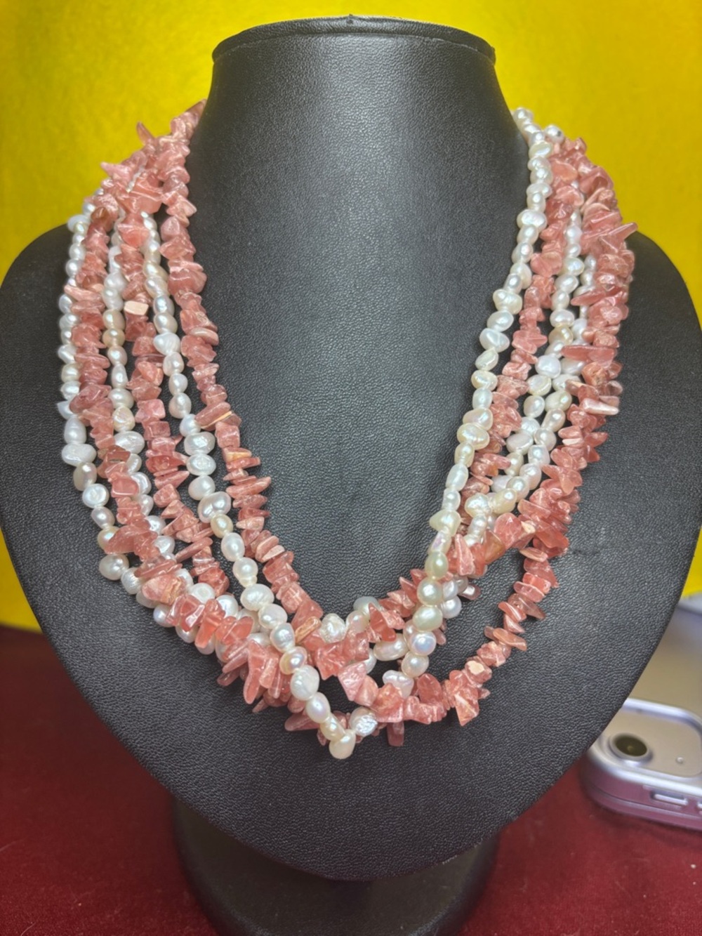Multistrand Pearl and Pink Gemstone Necklace
